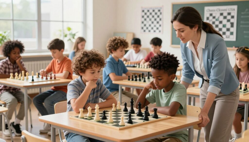 A vibrant school chess club setting focused on youth development, featuring a diverse group of children aged 8-12 engaging in an animated chess game. In the foreground, two children of different ethnicities are intently analyzing a chessboard, deep in thought. A teacher, dressed in smart casual attire, is subtly guiding them nearby, fostering a supportive atmosphere. In the middle ground, additional students are engaged in separate games, some using chess clocks, showcasing concentration and camaraderie. Bright natural light streams in from large windows, casting soft shadows across the room. In the background, educational posters about chess strategies are displayed, enhancing the learning environment. The overall mood is encouraging and inclusive, symbolizing teamwork and the joy of learning through chess, with a gentle focus on "Chess Classes USA" branding elements subtly integrated into the classroom.