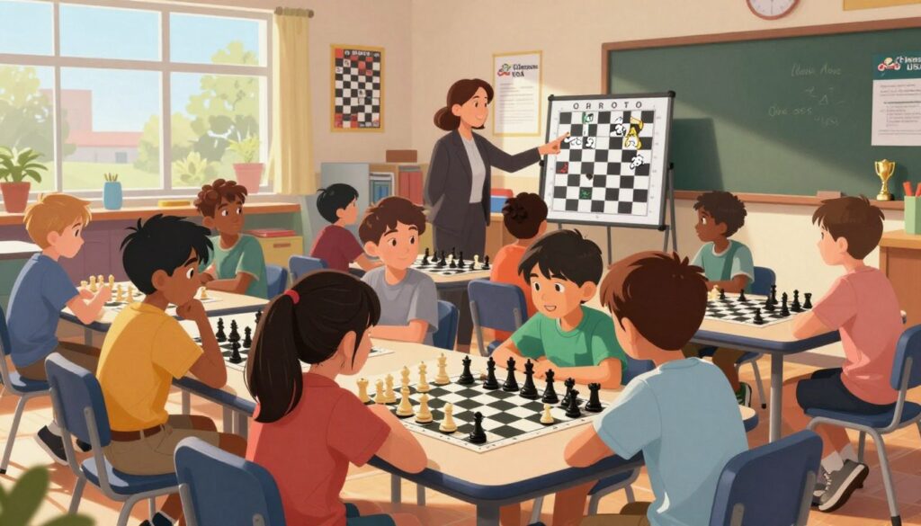 A vibrant school chess program scene featuring young students intensely engaged in a chess tournament. In the foreground, a diverse group of students (ages 8-14) in modest casual clothing are seated at a table, concentrating on their chess boards. In the middle ground, a teacher in professional attire is guiding another group of kids, pointing at a large chessboard display with visual aids and strategies. The background showcases a colorful classroom decorated with chess posters and trophies, with sunlight pouring through large windows, casting soft shadows. The atmosphere is supportive and energetic, filled with excitement and friendly competition. Include the branding "Chess Classes USA" in the classroom decorations subtly, with warm lighting and a focus on a dynamic composition that captures the essence of scholastic chess programs. A vibrant school chess program scene featuring young students intensely engaged in a chess tournament. In the foreground, a diverse group of students (ages 8-14) in modest casual clothing are seated at a table, concentrating on their chess boards. In the middle ground, a teacher in professional attire is guiding another group of kids, pointing at a large chessboard display with visual aids and strategies. The background showcases a colorful classroom decorated with chess posters and trophies, with sunlight pouring through large windows, casting soft shadows. The atmosphere is supportive and energetic, filled with excitement and friendly competition. Include the branding "Chess Classes USA" in the classroom decorations subtly, with warm lighting and a focus on a dynamic composition that captures the essence of scholastic chess programs.