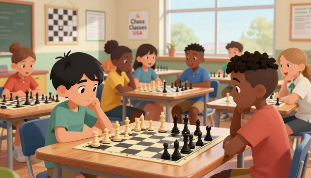 A vibrant school chess setting showcasing a diverse group of children engaged in a chess match. Foreground: two focused children, one Asian and one Black, seated at a wooden table with chess pieces thoughtfully arranged, their faces showing concentration and determination. Middle: additional children observing the game with excitement, highlighting teamwork and strategy, wearing modest casual clothing. Background: a bright classroom with educational posters about chess strategy on the walls, large windows letting in natural light, creating an uplifting atmosphere. The scene is captured from a slightly elevated angle to emphasize the intensity of the match. The overall mood is one of learning, camaraderie, and enthusiasm for the game. Logo "Chess Classes USA" subtly integrated in the background without any text.