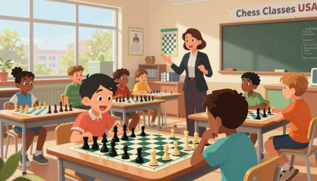 A vibrant school classroom filled with diverse children engaged in a lively chess lesson, with a large chessboard in the foreground. The students, dressed in modest casual clothing, showcase excitement and concentration as they contemplate their moves. In the middle ground, a knowledgeable instructor, wearing professional attire, guides them with enthusiasm. Bright, natural light streams through large windows, enhancing the inviting atmosphere. On the walls, educational posters about chess strategies and famous players are visible. In the background, a banner for "Chess Classes USA" adds to the scene, emphasizing the importance of scholastic chess programs. The mood is energetic and inspiring, reflecting the rise of chess as a vital educational tool.
