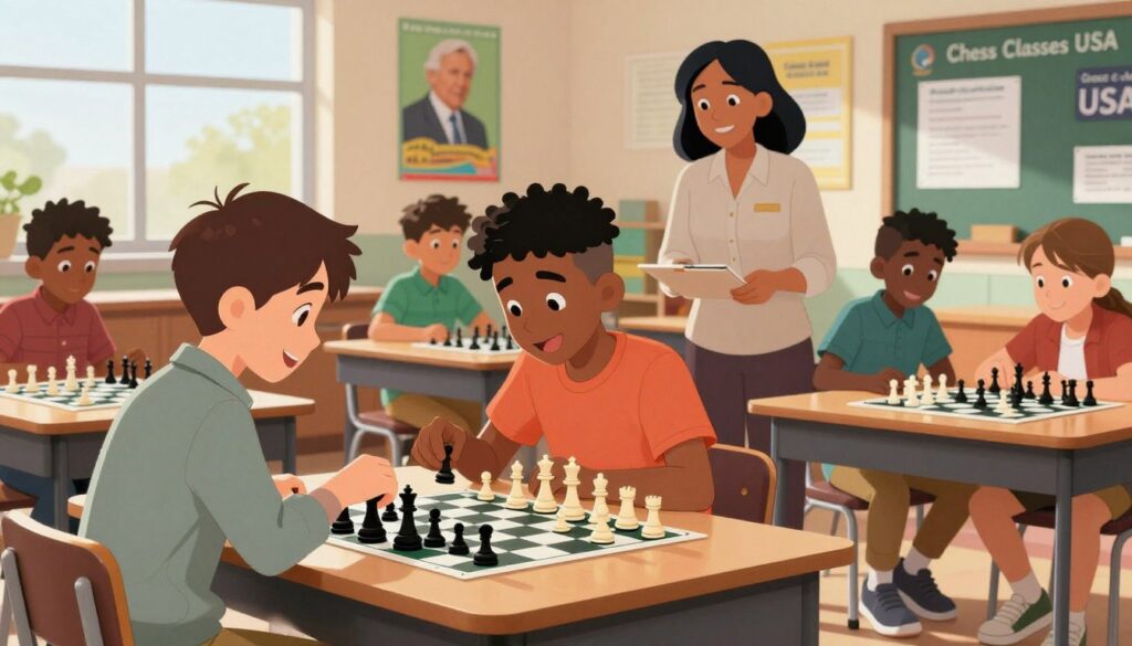A vibrant school classroom scene dedicated to starting a chess club, showcasing diverse students of various ethnic backgrounds eagerly setting up chess boards. In the foreground, a student in casual, professional attire adjusts a chess piece, while another enthusiastically discusses strategy. The middle ground features a teacher, also in modest attire, providing guidance and encouragement. In the background, colorful posters of famous chess champions adorn the walls, and a window lets in warm, natural light, creating an inviting atmosphere. The overall mood is one of excitement and collaboration, capturing the joy of establishing a chess program in an educational setting. The branding "Chess Classes USA" appears subtly on a bulletin board in the corner, emphasizing the program's connection.