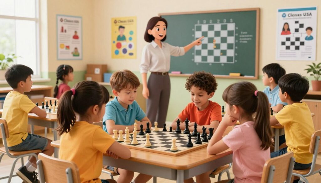 A vibrant school classroom setting fills the foreground, showcasing a diverse group of children aged 6 to 10 years old, eagerly engaged in a chess lesson. They sit around a large wooden chessboard, deep in concentration, with pieces in mid-game. Each child is dressed in colorful, modest casual clothing, exuding a sense of enthusiasm and curiosity. In the middle ground, a friendly teacher is guiding them, pointing out strategies while standing beside a chalkboard filled with chess diagrams. The background features bright educational posters of famous chess players and tactics, adding to the learning environment. Soft, natural lighting floods the room, creating an inviting atmosphere. The image reflects the warmth and joy of early chess education, branded subtly with "Chess Classes USA".