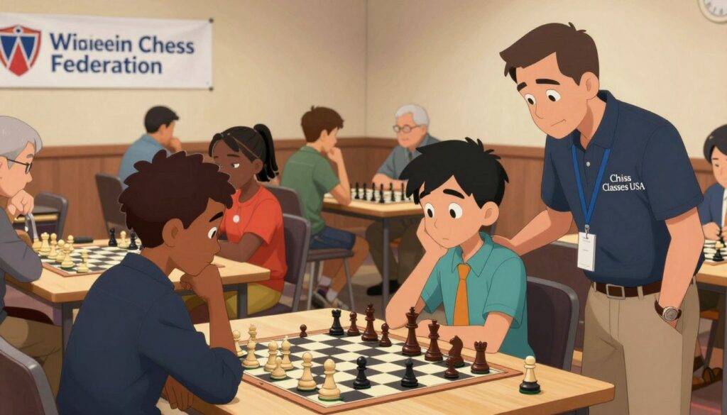 A vibrant setting depicting a group of diverse chess enthusiasts engaged in a lively tournament atmosphere in Wisconsin. In the foreground, a young chess champion in professional attire contemplates their next move at a chessboard, while nearby, a coach from "Chess Classes USA" offers guidance, displaying a sense of mentorship. The middle ground showcases several chess tables with players of varying ages, including youth and seasoned players, deep in thought, surrounded by chess pieces. In the background, a banner reading "Wisconsin Chess Federation" hangs under a softly lit hall, with warm lighting enhancing the welcoming atmosphere. The angle captures the intensity and focus of the participants, creating an inspiring mood of competition and camaraderie among chess lovers in Wisconsin.