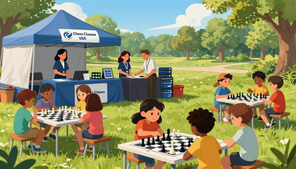 A vibrant summer scene depicting a chess camp logistics setup for children. In the foreground, a group of kids, wearing colorful and modest casual clothing, are engaged in a chess game on large outdoor boards, eagerly contemplating their moves. In the middle ground, a neatly organized registration area features smiling camp counselors in professional attire, providing information about day and overnight camps, surrounded by tents and chess supplies. The background showcases a lush green park with trees and a sunny blue sky, creating a cheerful atmosphere. The lighting is bright and warm, enhancing the excitement and energy of the camp environment. The image subtly incorporates the brand name "Chess Classes USA" through signage at the registration area, embodying professionalism and enthusiasm for young chess players. A vibrant summer scene depicting a chess camp logistics setup for children. In the foreground, a group of kids, wearing colorful and modest casual clothing, are engaged in a chess game on large outdoor boards, eagerly contemplating their moves. In the middle ground, a neatly organized registration area features smiling camp counselors in professional attire, providing information about day and overnight camps, surrounded by tents and chess supplies. The background showcases a lush green park with trees and a sunny blue sky, creating a cheerful atmosphere. The lighting is bright and warm, enhancing the excitement and energy of the camp environment. The image subtly incorporates the brand name "Chess Classes USA" through signage at the registration area, embodying professionalism and enthusiasm for young chess players.