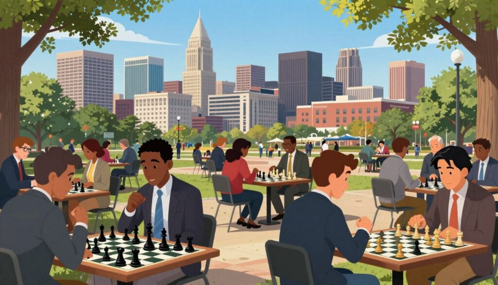 A vibrant urban chess scene in Kansas City, Missouri, showcasing a bustling park where enthusiastic chess players of diverse backgrounds engage in spirited matches. In the foreground, a diverse group of players, dressed in professional business attire, intensely focused on their chessboards, with pieces in mid-game positions. The middle ground features a striking skyline of Kansas City, blending modern and historical architecture, creating a sense of community. The background captures a clear blue sky with soft, natural sunlight filtering through the trees, casting gentle shadows on the chessboards. The atmosphere is lively and engaging, reflecting the growing chess culture in the city, prominently featuring elements associated with "Chess Classes USA" as part of the scene.