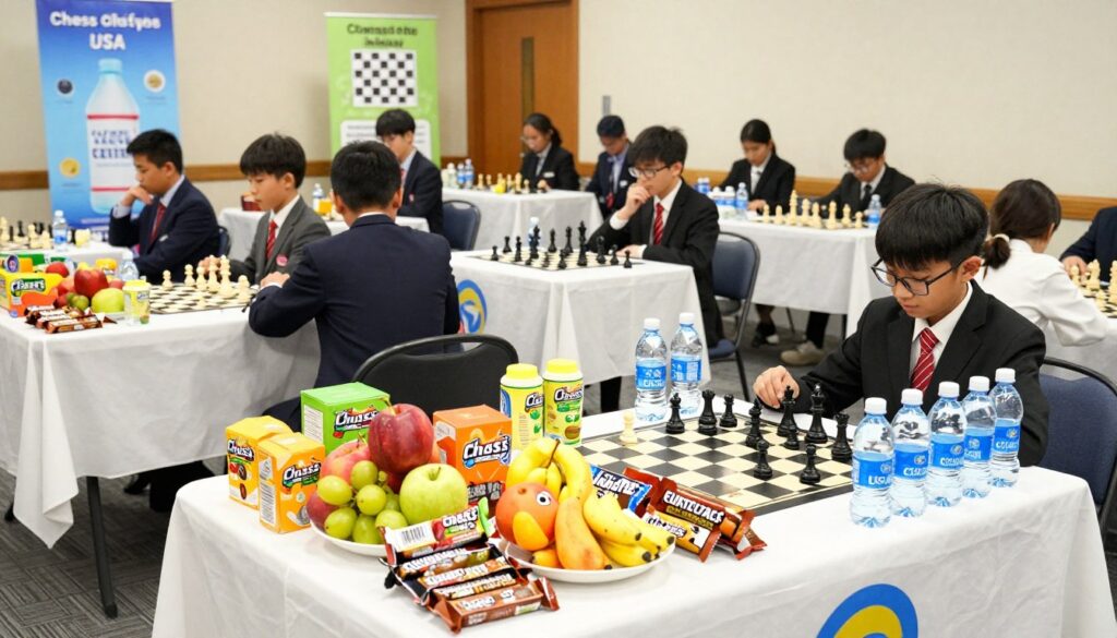 A vibrant, well-organized chess tournament setting highlighting nutrition and hydration for young chess players. In the foreground, a colorful spread of nutritious snacks such as fresh fruits, energy bars, and plenty of water bottles sits on a table adorned with the logo of "Chess Classes USA". The middle ground features young players in professional business attire, intently focused on their matches, with healthy snack options close at hand. In the background, banners showcasing chess strategies and hydration tips provide context. Soft, natural lighting enhances the atmosphere, creating a warm and encouraging environment. A wide-angle view captures the dynamic energy of the tournament, emphasizing the importance of nutrition for peak performance.