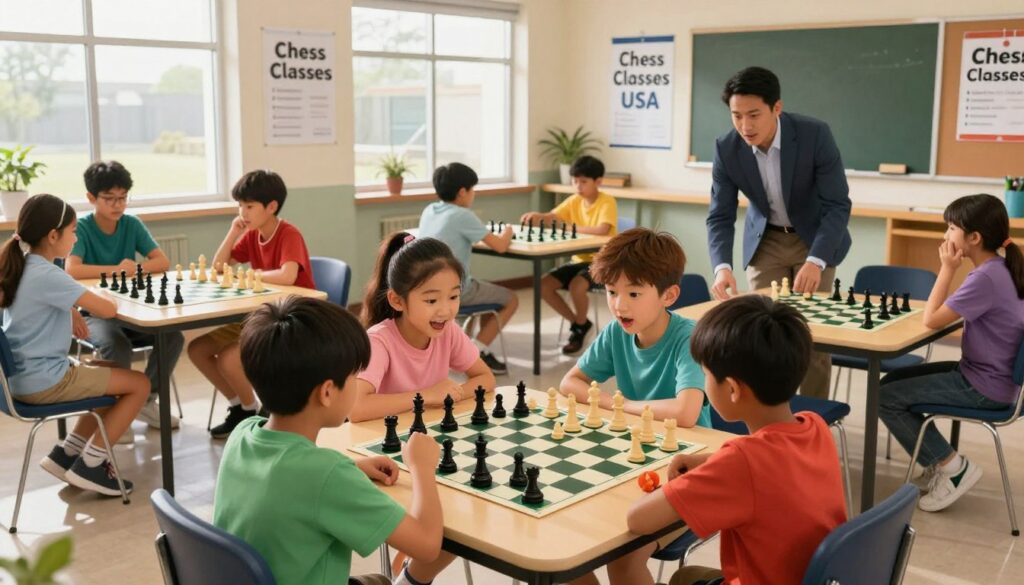 A vibrant youth chess club scene inside a bright, welcoming community center. In the foreground, a diverse group of children ages 8 to 14 are intensely focused on a chess match, with a mix of excitement and concentration on their faces. They’re dressed in casual, colorful clothing. The middle ground features large tables covered with chessboards and pieces, and a chess coach, dressed in smart casual attire, is encouraging a young player. In the background, banners reading "Chess Classes USA" adorn the walls, and a bulletin board displays upcoming tournaments. Soft, natural light streams in through large windows, creating an inviting atmosphere, while the camera is positioned at a slightly elevated angle, capturing the dynamic energy of the room. The overall mood is supportive and engaging, emphasizing the journey of learning and competition.