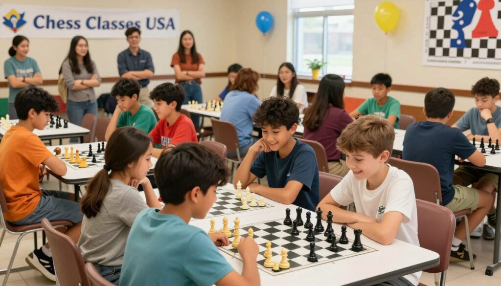 A vibrant youth chess competition scene in a bright, spacious community center. In the foreground, diverse young players, aged 8-14, focus on their chessboards, some smiling in concentration, wearing casual, comfortable clothing. The middle layer features several tables lined with chess sets, each adorned with colorful pieces, as spectators observe intently. The background captures a lively atmosphere with banners saying "Chess Classes USA", cheerful parents watching, and decorations like balloons and posters featuring chess pieces. Soft, natural lighting illuminates the scene, highlighting the energy and excitement of the competition. The overall mood is inspiring and encouraging, showcasing the joy of youth engagement in chess during downtime between matches.