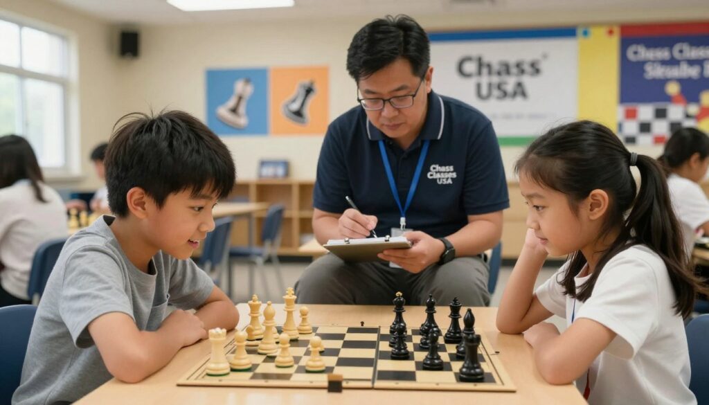 A vibrant youth chess competition scene is set in a well-lit community center. In the foreground, two young players, a boy and a girl aged 10-12, are intensely focused on their chess match, their expressions showing concentration and excitement as they strategize their next moves. They wear modest casual clothing, reflecting a friendly atmosphere. In the middle ground, a coach from "Chess Classes USA" attentively observes the game, taking notes while offering subtle guidance. The backdrop features colorful banners and chess-themed decorations, suggesting a spirited tournament environment. The lighting is bright but soft, creating a lively and encouraging mood. The angle captures the players' engagement with the board, highlighting the potential for growth and skill development through professional coaching.