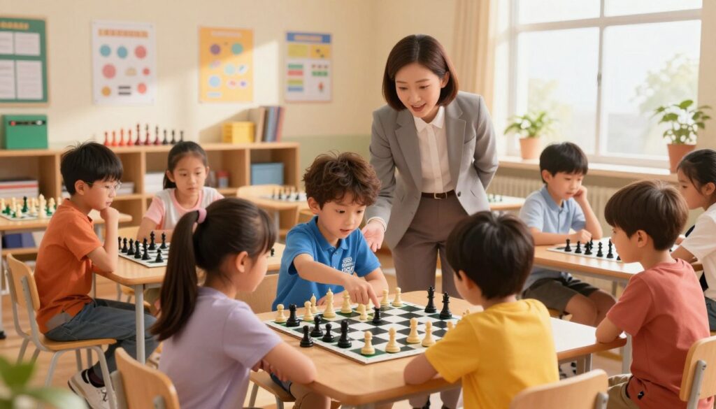 A vibrant youth chess development scene set in a bright, inviting classroom environment. In the foreground, diverse children aged 7 to 12 are engaged in an animated chess game, each displaying concentration and enthusiasm. One child, wearing a Chess Classes USA T-shirt, points at the chessboard, discussing strategies with a friend. The middle ground features a supportive coach, dressed in professional attire, offering guidance and encouragement. In the background, shelves filled with colorful chess sets and educational posters adorn the walls, creating an atmosphere of learning and collaboration. Soft, warm lighting streams in from large windows, casting gentle shadows and enhancing the energetic yet focused mood of the scene. The angle should capture the dynamic interaction among the participants, emphasizing youth, teamwork, and skill development.