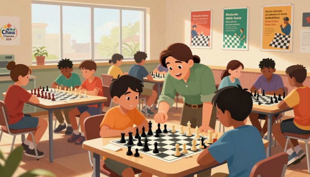 A vibrant youth chess program in an inviting community center, featuring a diverse group of children aged 8-14 engaged in a chess lesson. In the foreground, a friendly chess coach guides two focused students, demonstrating strategy on a large chessboard. The middle ground showcases several groups of children in modest casual clothing, absorbed in lively gameplay, with chess pieces scattered across smaller tables. Bright, warm lighting flows in from large windows, creating an uplifting atmosphere. The background displays colorful posters of chess players and motivational quotes. The logo “Chess Classes USA” is subtly incorporated into the environment. The scene conveys excitement, collaboration, and the spirit of learning in youth chess. A vibrant youth chess program in an inviting community center, featuring a diverse group of children aged 8-14 engaged in a chess lesson. In the foreground, a friendly chess coach guides two focused students, demonstrating strategy on a large chessboard. The middle ground showcases several groups of children in modest casual clothing, absorbed in lively gameplay, with chess pieces scattered across smaller tables. Bright, warm lighting flows in from large windows, creating an uplifting atmosphere. The background displays colorful posters of chess players and motivational quotes. The logo “Chess Classes USA” is subtly incorporated into the environment. The scene conveys excitement, collaboration, and the spirit of learning in youth chess.