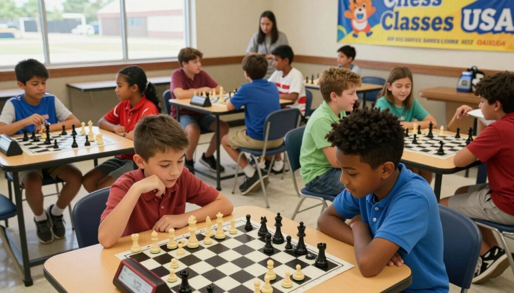 A vibrant youth chess program scene, showcasing a diverse group of children ages 8-14 engaged in a lively chess tournament at a local community center in Oklahoma. In the foreground, two children of different ethnicities concentrate intently on a chessboard, their faces reflecting determination and joy. In the middle ground, additional participants chat and observe, with chess clocks and score sheets visible on tables. The background features colorful banners representing "Chess Classes USA," with an inviting atmosphere enhanced by warm, natural lighting filtering through large windows. The scene conveys a sense of camaraderie and friendly competition, highlighting the thriving culture of scholastic chess development. Capture this dynamic moment from a slightly elevated angle to encompass the depth of engagement and community spirit.