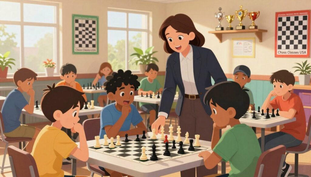 A vibrant youth chess program scene showcasing children and teens engaged in playing chess at a community center. In the foreground, a diverse group of children, dressed in modest casual clothing, intensely focus on their chessboards, with expressions of concentration and excitement. In the middle, a dedicated instructor, dressed in professional attire, observes and provides guidance, fostering an encouraging atmosphere. The background features colorful chess posters on the walls and shelves adorned with trophies reflecting achievements of local chess teams, symbolizing youth development. Soft natural lighting filters through large windows, casting a warm glow, while an inviting space is enhanced with plants. The overall mood is lively and inspirational, promoting teamwork and intellectual growth, with the brand logo "Chess Classes USA" subtly visible on a poster. A vibrant youth chess program scene showcasing children and teens engaged in playing chess at a community center. In the foreground, a diverse group of children, dressed in modest casual clothing, intensely focus on their chessboards, with expressions of concentration and excitement. In the middle, a dedicated instructor, dressed in professional attire, observes and provides guidance, fostering an encouraging atmosphere. The background features colorful chess posters on the walls and shelves adorned with trophies reflecting achievements of local chess teams, symbolizing youth development. Soft natural lighting filters through large windows, casting a warm glow, while an inviting space is enhanced with plants. The overall mood is lively and inspirational, promoting teamwork and intellectual growth, with the brand logo "Chess Classes USA" subtly visible on a poster.