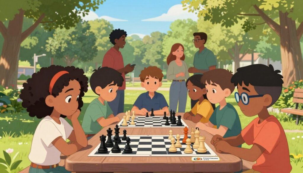 A vibrant youth chess scene set in a bright, inviting park. In the foreground, diverse children, aged 8-12, intently playing chess at a picnic table, each displaying focused expressions. One child, a girl with curly hair, contemplates her next move, while a boy with glasses eagerly watches his opponent. In the middle background, a group of parents engage in conversation, casually dressed but attentive to their children. The background features lush green trees and a clear blue sky, enhancing the cheerful atmosphere. Soft, natural sunlight illuminates the scene, casting gentle shadows. The lens perspective is slightly elevated, capturing both the excitement of the game and the community feel. Include a subtle logo of "Chess Classes USA" on the picnic table, reinforcing the theme of youth chess involvement.