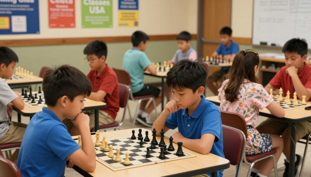 A vibrant youth chess tournament scene at a community center, with children aged 8 to 12 deeply focused on their chess boards. In the foreground, a boy in a blue polo shirt and a girl in a patterned dress eagerly contemplate their next moves, surrounded by chess pieces. The middle ground shows other children engaged in matches, highlighting their expressions of concentration and determination. The background features colorful banners for "Chess Classes USA," enhancing the atmosphere. Soft, warm lighting casts a welcoming glow, and the angle captures the excitement from slightly below eye level, promoting an inclusive, encouraging mood. The environment buzzes with a sense of friendly competition and support among the players, ideal for illustrating the concept of navigating the emotional ups and downs of tournament participation.