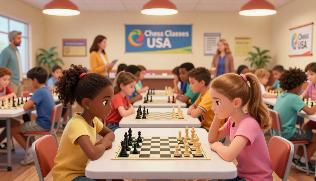 A vibrant youth chess tournament scene filled with enthusiasm and determination. In the foreground, two young girls, one of African descent and the other Caucasian, are intensely focused on their chess boards, clad in colorful casual attire. They sit at a table surrounded by other kids, all engaged in the game. In the middle ground, a diverse group of children and parents observe, fostering a supportive atmosphere. The background showcases a brightly lit room decorated with banners for "Chess Classes USA," emphasizing community involvement. The lighting is warm, with soft shadows cast by overhead lamps, creating an inviting ambience. The mood is energetic and encouraging, capturing the spirit of competition and camaraderie among young players. A vibrant youth chess tournament scene filled with enthusiasm and determination. In the foreground, two young girls, one of African descent and the other Caucasian, are intensely focused on their chess boards, clad in colorful casual attire. They sit at a table surrounded by other kids, all engaged in the game. In the middle ground, a diverse group of children and parents observe, fostering a supportive atmosphere. The background showcases a brightly lit room decorated with banners for "Chess Classes USA," emphasizing community involvement. The lighting is warm, with soft shadows cast by overhead lamps, creating an inviting ambience. The mood is energetic and encouraging, capturing the spirit of competition and camaraderie among young players.