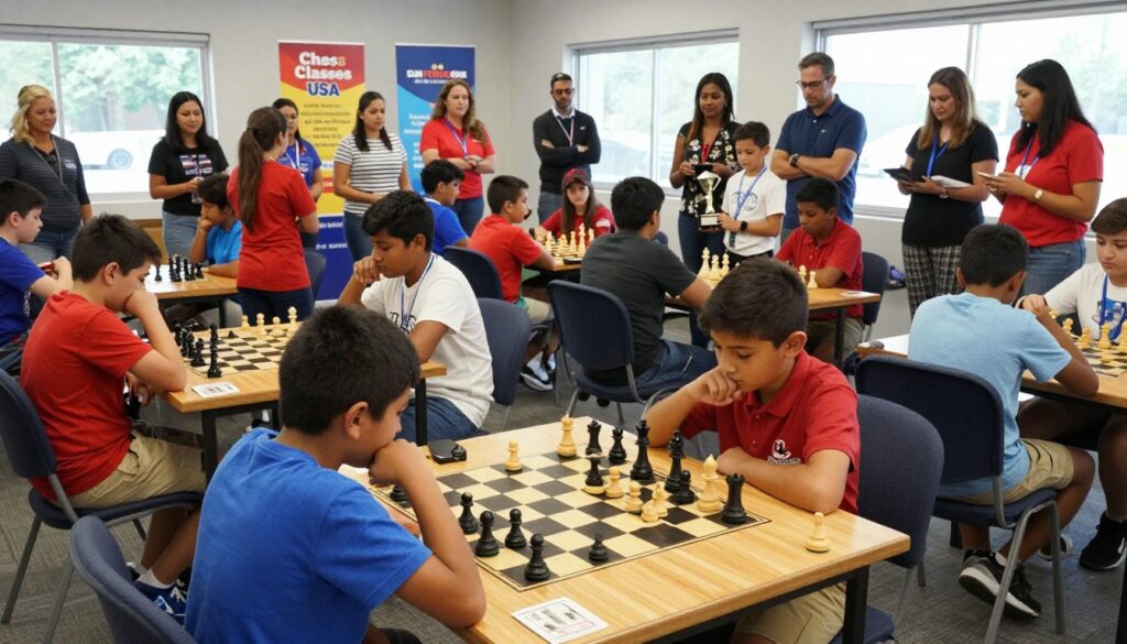 A vibrant youth chess tournament scene inside a well-lit community center, showcasing diverse children engaged in intense matches. In the foreground, focused young players, ages 8-14, are seated at classic wooden chess tables, their concentration evident. Dressed in smart casual clothing, they lean forward with anticipation, studying their boards. In the middle ground, a lively crowd of parents and coaches watch, offering encouragement, while some children socialize, holding their trophies. The background features colorful banners promoting "Chess Classes USA," with soft, natural lighting illuminating the room through large windows. The atmosphere is energetic and supportive, reflecting a strong community spirit focused on learning and competition.