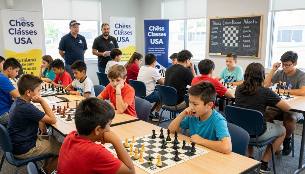 A vibrant youth chess tournament scene set in a bright, airy community center in Portland, Oregon. In the foreground, a diverse group of children aged 8 to 14, focused intently on their chess boards, showcasing various expressions of concentration and excitement, dressed in colorful, modest casual clothing. In the middle ground, parents and coaches observe and support the young players, some taking notes and others engaged in friendly discussions. The background features banners with the brand name "Chess Classes USA" displayed proudly, along with a chalkboard illustrating chess strategies. Bright, natural lighting streams in through large windows, creating a warm and inviting atmosphere, captured with a wide-angle lens to emphasize the bustling activity of the tournament. The overall mood is one of enthusiasm and camaraderie, reflecting the spirit of developing young talent in the Pacific Northwest.
