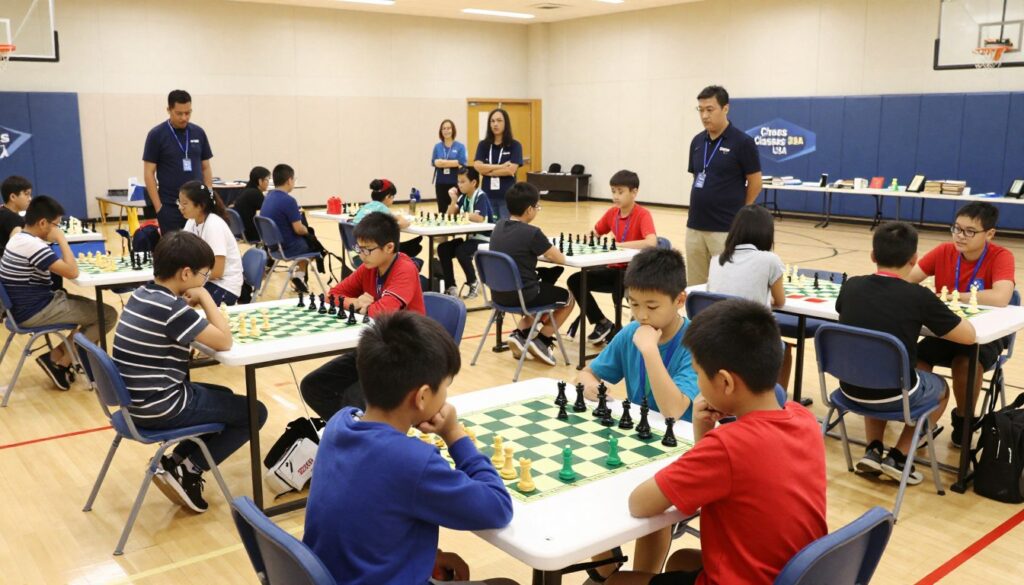 A vibrant youth chess tournament scene set in a spacious, well-lit gymnasium. In the foreground, focused children aged 8-14 sit at various chess tables, deep in thought, wearing smart casual attire, with colorful chess boards marked by intense strategies. The middle ground showcases a mix of parents and coaches observing the matches with anticipation, clearly engaged in the lively atmosphere. Bright overhead lights illuminate the room, enhancing the sense of competition and excitement. In the background, banners displaying "Chess Classes USA" add a professional touch, and tables filled with chess books and materials hint at the educational aspect of the event. The mood is energetic and inspiring, capturing the spirit of friendly competition and learning among young chess enthusiasts. A vibrant youth chess tournament scene set in a spacious, well-lit gymnasium. In the foreground, focused children aged 8-14 sit at various chess tables, deep in thought, wearing smart casual attire, with colorful chess boards marked by intense strategies. The middle ground showcases a mix of parents and coaches observing the matches with anticipation, clearly engaged in the lively atmosphere. Bright overhead lights illuminate the room, enhancing the sense of competition and excitement. In the background, banners displaying "Chess Classes USA" add a professional touch, and tables filled with chess books and materials hint at the educational aspect of the event. The mood is energetic and inspiring, capturing the spirit of friendly competition and learning among young chess enthusiasts.