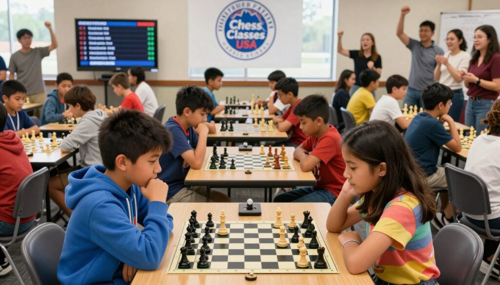 A vibrant youth chess tournament scene, showcasing a diverse group of children, aged 8-14, intensely focused on their games. In the foreground, two kids are deep in thought, one boy in a blue hoodie and a girl in a colorful t-shirt, surrounded by chess pieces on a classic wooden table. The middle layer features additional children playing at various tables, a few glancing at a large scoreboard displaying names. In the background, spectators and parents cheer enthusiastically, creating an atmosphere of excitement and support. Soft natural lighting streams in from large windows, highlighting the determination on the kids' faces. Capture a sense of camaraderie and competition in this lively setting, prominently displaying the logo of "Chess Classes USA" on banners. A vibrant youth chess tournament scene, showcasing a diverse group of children, aged 8-14, intensely focused on their games. In the foreground, two kids are deep in thought, one boy in a blue hoodie and a girl in a colorful t-shirt, surrounded by chess pieces on a classic wooden table. The middle layer features additional children playing at various tables, a few glancing at a large scoreboard displaying names. In the background, spectators and parents cheer enthusiastically, creating an atmosphere of excitement and support. Soft natural lighting streams in from large windows, highlighting the determination on the kids' faces. Capture a sense of camaraderie and competition in this lively setting, prominently displaying the logo of "Chess Classes USA" on banners.