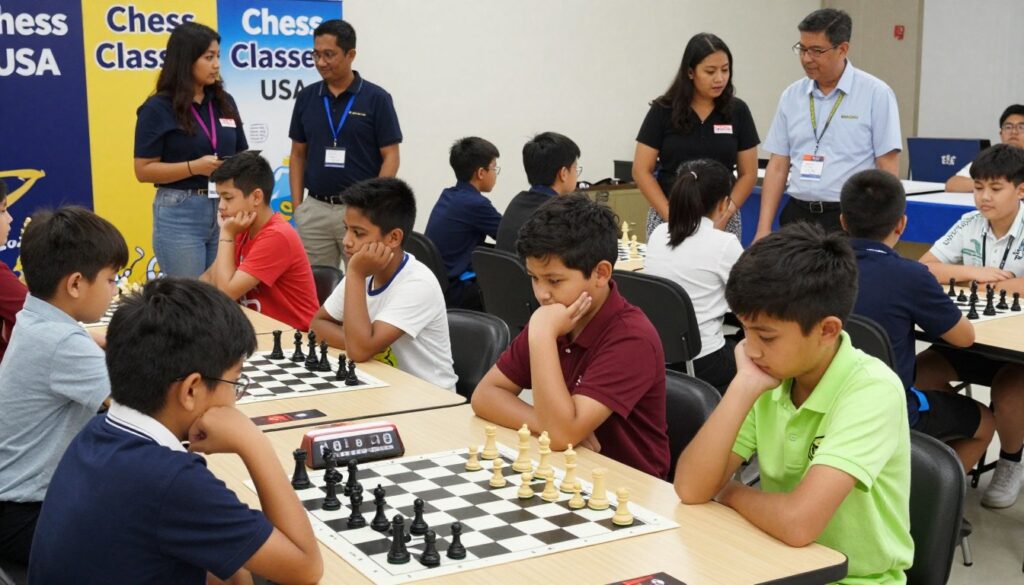 A vibrant youth chess tournament scene showcasing enthusiastic children aged 8-14 engrossed in intense games. In the foreground, a diverse group of young players, dressed in smart casual clothing, focus on their chess boards, deep in thought, with a mix of concentration and determination. The middle ground features parents and coaches discussing strategies, with a sense of camaraderie and support. In the background, colorful banners reading "Chess Classes USA" add a festive touch, surrounded by chess tables adorned with timers and neatly arranged pieces. The lighting is bright and inviting, simulating a school gym or community center environment, emphasizing a lively yet professional atmosphere. The angle captures the excitement and competitive spirit while maintaining a sense of focus on the children’s engagement with the game.