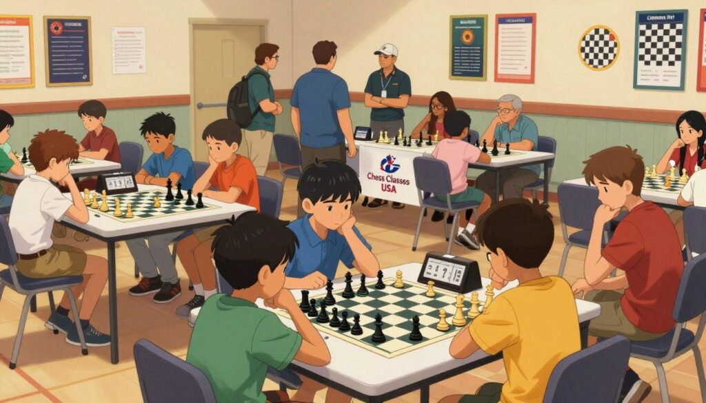 A vibrant youth chess tournament scene, showcasing young players engaged in intense matches at a well-lit, large community hall. In the foreground, a diverse group of children, aged 8-12, focused and deep in thought, dressed in modest casual clothing. A chess clock prominently displayed on one table, while another table holds tournament banners, including the "Chess Classes USA" logo. In the middle, parents and coaches observing and discussing strategies, creating a supportive atmosphere. The background features a colorful wall decorated with motivational chess-themed posters. Soft, warm lighting enhances the friendly ambiance, capturing a sense of competition and camaraderie. The angle is slightly elevated, providing a wide view of the event, emphasizing the excitement and engagement of the participants. A vibrant youth chess tournament scene, showcasing young players engaged in intense matches at a well-lit, large community hall. In the foreground, a diverse group of children, aged 8-12, focused and deep in thought, dressed in modest casual clothing. A chess clock prominently displayed on one table, while another table holds tournament banners, including the "Chess Classes USA" logo. In the middle, parents and coaches observing and discussing strategies, creating a supportive atmosphere. The background features a colorful wall decorated with motivational chess-themed posters. Soft, warm lighting enhances the friendly ambiance, capturing a sense of competition and camaraderie. The angle is slightly elevated, providing a wide view of the event, emphasizing the excitement and engagement of the participants.