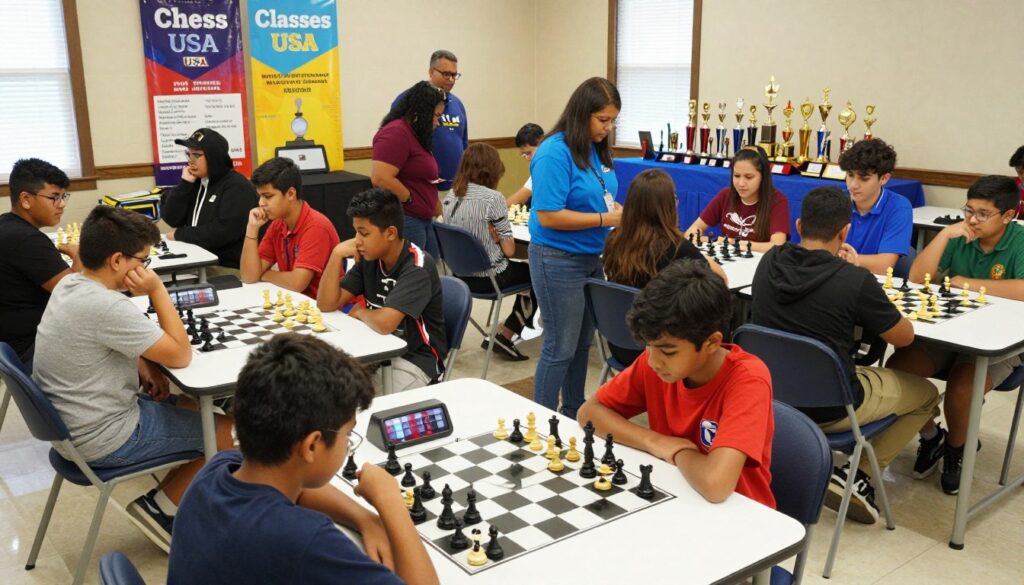 A vibrant youth chess tournament taking place in a spacious, well-lit community center in Texas. In the foreground, a diverse group of focused young players, aged 8 to 16, sit at neatly organized chess tables, deep in concentration, with chess clocks ticking beside them. In the middle, enthusiastic parents and coaches observe the matches, whispering strategies and offering support. The background features colorful banners promoting "Chess Classes USA" and an array of trophies displayed on a table, symbolizing achievement. The atmosphere is energetic and competitive, with warm, natural lighting illuminating the scene, creating a sense of excitement and camaraderie. The shot is captured from a slight overhead angle to showcase the intensity of the matches while highlighting the supportive environment.