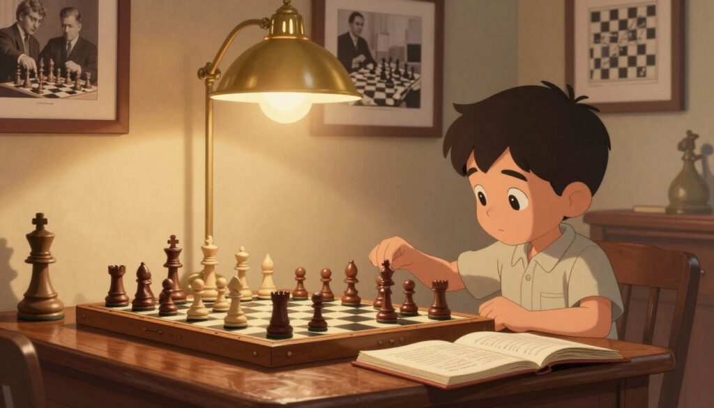 A vintage-inspired scene depicting the early milestones in chess development, showcasing a young child focused on a chessboard in a warmly lit room. In the foreground, a child, dressed in modest casual clothing, intently studies different chess pieces, with an open book on chess strategy beside them. In the middle, an antique wooden chess table surrounded by classic chess pieces is highlighted, each piece reflecting light from an elegant brass lamp above. In the background, a wall adorned with framed historical chess photographs and diagrams illustrates the evolution of chess. The atmosphere is inspiring and educational, evoking a sense of curiosity and growth. The overall color palette is warm and inviting, with soft shadows accentuating the thoughtful ambiance. The image includes subtle branding for "Chess Classes USA" integrated into the design.