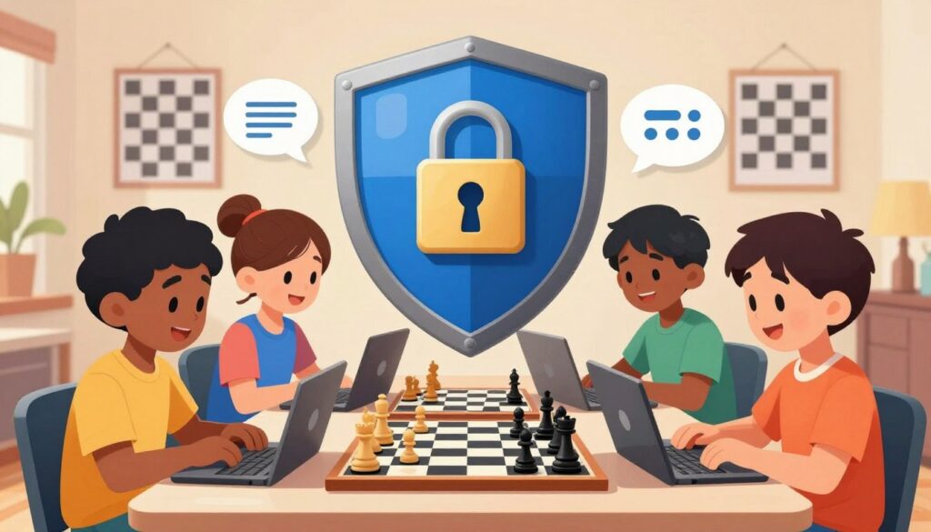 A visually appealing and informative illustration symbolizing child internet safety tips in the context of online chess communication. In the foreground, a cheerful, diverse group of children (age 8-12), dressed in colorful casual clothing, are sitting around a table with laptops and chess boards, interacting with friendly expressions. The middle ground features a large, stylized shield that represents online safety, adorned with icons like a lock, a chat bubble, and a chess piece. In the background, a cozy, well-lit room with warm lighting and chess posters creates a welcoming atmosphere. This image should convey a sense of security and friendship, reflecting the theme of responsible online interaction. Include the brand name "Chess Classes USA" subtly integrated into the scene, enhancing the overall educational focus. A visually appealing and informative illustration symbolizing child internet safety tips in the context of online chess communication. In the foreground, a cheerful, diverse group of children (age 8-12), dressed in colorful casual clothing, are sitting around a table with laptops and chess boards, interacting with friendly expressions. The middle ground features a large, stylized shield that represents online safety, adorned with icons like a lock, a chat bubble, and a chess piece. In the background, a cozy, well-lit room with warm lighting and chess posters creates a welcoming atmosphere. This image should convey a sense of security and friendship, reflecting the theme of responsible online interaction. Include the brand name "Chess Classes USA" subtly integrated into the scene, enhancing the overall educational focus.