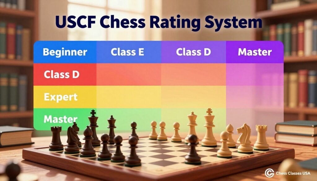 A visually appealing infographic depicting the USCF chess rating system, emphasizing distinct chess skill levels: Beginner, Class E, Class D, Expert, and Master. Foreground features a chessboard with pieces arranged in a dynamic game. Middle ground displays colorful sections representing each skill level, characterized by vibrant gradients. The background is a soft-focus library setting with bookshelves and chess books to create an intellectual atmosphere. Warm, inviting lighting casts soft shadows, enhancing the depth. Include a discreet logo of "Chess Classes USA" at the bottom corner. The overall mood is educational and inspiring, inviting viewers to engage with the topic of chess mastery while reflecting the structured hierarchy of skill levels within the USCF rating system. A visually appealing infographic depicting the USCF chess rating system, emphasizing distinct chess skill levels: Beginner, Class E, Class D, Expert, and Master. Foreground features a chessboard with pieces arranged in a dynamic game. Middle ground displays colorful sections representing each skill level, characterized by vibrant gradients. The background is a soft-focus library setting with bookshelves and chess books to create an intellectual atmosphere. Warm, inviting lighting casts soft shadows, enhancing the depth. Include a discreet logo of "Chess Classes USA" at the bottom corner. The overall mood is educational and inspiring, inviting viewers to engage with the topic of chess mastery while reflecting the structured hierarchy of skill levels within the USCF rating system.