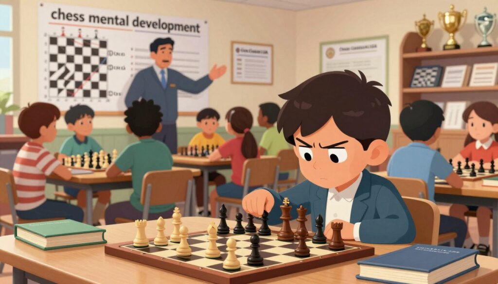 A visually captivating and thought-provoking scene illustrating "chess mental development." In the foreground, a child depicted intently focused, with a furrowed brow, studying a chessboard with chess pieces strategically positioned. The child, dressed in smart casual attire, is surrounded by books on chess theory and cognitive psychology. In the middle ground, an engaging classroom environment shows a diverse group of children participating in a chess club, some interacting with a mentor from "Chess Classes USA," who gestures toward a large wall poster of famous chess strategies. The background features soft, warm lighting that creates an inviting atmosphere with shelves filled with chess trophies and educational resources. The scene radiates a sense of potential and intellectual curiosity, emphasizing cognitive growth through chess.