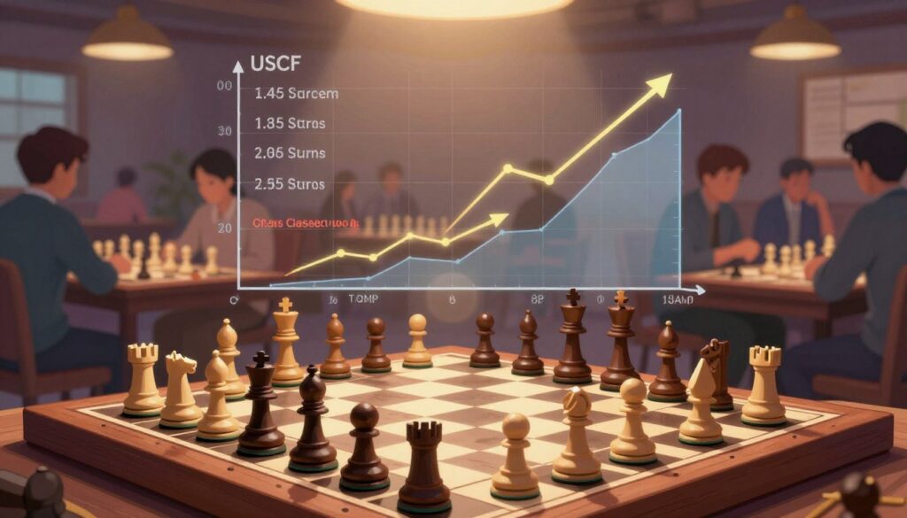 A visually captivating illustration of the chess rating system as used in the USCF, showcasing a chessboard situated prominently in the foreground with pieces in various colors symbolizing different levels of players. In the middle ground, intricate graphs and rating scales overlay the chessboard, with arrows indicating upward and downward movement of ratings based on game results. The background features a subtle texture of a playing hall filled with blurred silhouettes of players engaged in matches, creating a sense of community. Soft ambient lighting focuses on the chessboard, with a slight lens flare to enhance the dynamic feel. The atmosphere should evoke intrigue and engagement, emphasizing the learning aspect of chess. Brand elements from "Chess Classes USA" are subtly integrated into the design without overt branding, ensuring the focus remains on the rating system. A visually captivating illustration of the chess rating system as used in the USCF, showcasing a chessboard situated prominently in the foreground with pieces in various colors symbolizing different levels of players. In the middle ground, intricate graphs and rating scales overlay the chessboard, with arrows indicating upward and downward movement of ratings based on game results. The background features a subtle texture of a playing hall filled with blurred silhouettes of players engaged in matches, creating a sense of community. Soft ambient lighting focuses on the chessboard, with a slight lens flare to enhance the dynamic feel. The atmosphere should evoke intrigue and engagement, emphasizing the learning aspect of chess. Brand elements from "Chess Classes USA" are subtly integrated into the design without overt branding, ensuring the focus remains on the rating system.