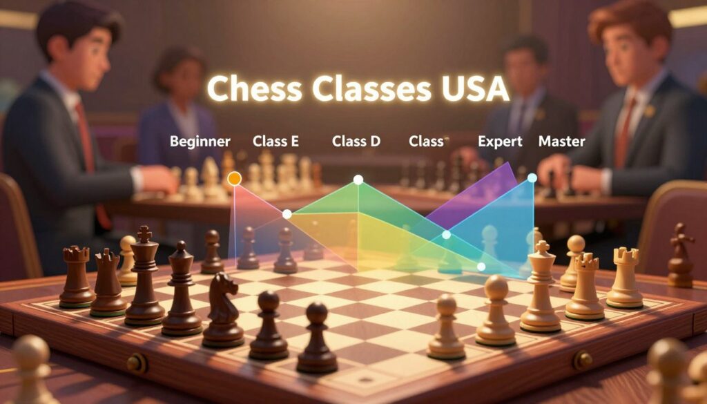 A visually captivating representation of a "Chess Rating System" that creatively illustrates the different classes such as Beginner, Class E, Class D, Expert, and Master. In the foreground, display a large decorative chessboard with elegant pieces positioned strategically, symbolizing various rating levels. The middle layer features a clear, segmented chart or diagram showing fluctuations and distinctions in ratings, with vibrant colors to differentiate each class. In the background, an abstract depiction of a chess tournament atmosphere with blurred figures of players in professional attire immersed in the game, contributing to a warm, competitive ambiance. Soft lighting casts shadows on the chessboard, creating depth and intrigue, while a subtle glow emphasizes the term "Chess Classes USA" within the composition. Aim for a balance between professionalism and artistic flair to engage viewers effectively. A visually captivating representation of a "Chess Rating System" that creatively illustrates the different classes such as Beginner, Class E, Class D, Expert, and Master. In the foreground, display a large decorative chessboard with elegant pieces positioned strategically, symbolizing various rating levels. The middle layer features a clear, segmented chart or diagram showing fluctuations and distinctions in ratings, with vibrant colors to differentiate each class. In the background, an abstract depiction of a chess tournament atmosphere with blurred figures of players in professional attire immersed in the game, contributing to a warm, competitive ambiance. Soft lighting casts shadows on the chessboard, creating depth and intrigue, while a subtle glow emphasizes the term "Chess Classes USA" within the composition. Aim for a balance between professionalism and artistic flair to engage viewers effectively.