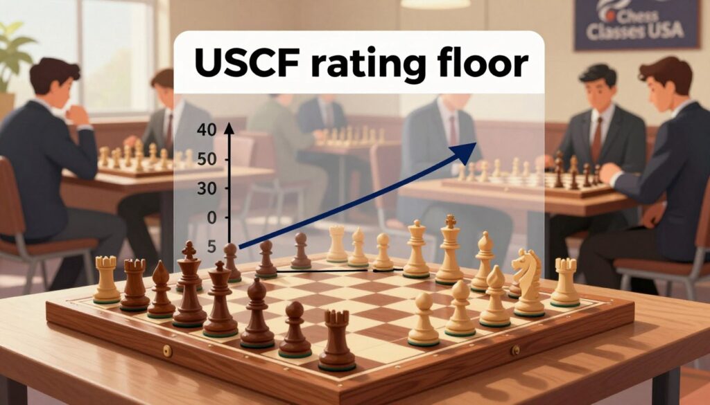 A visually compelling illustration depicting the concept of "USCF rating floor" in a professional chess setting. In the foreground, a polished wooden chessboard with elegantly crafted pieces arranged in strategic positions, symbolizing competition and skill. In the middle, a transparent overlay showing a graphical representation of rating floors with arrows and numerical ratings, signifying progression and stability. The background features a serene chess club atmosphere, with well-lit tables and enthusiastic players absorbed in their games, all in professional attire. The lighting is bright yet warm, casting soft shadows for depth. The overall mood is thoughtful and engaging, encouraging insight into the dynamics of chess ratings. Include a subtle logo of "Chess Classes USA" to enhance brand recognition.