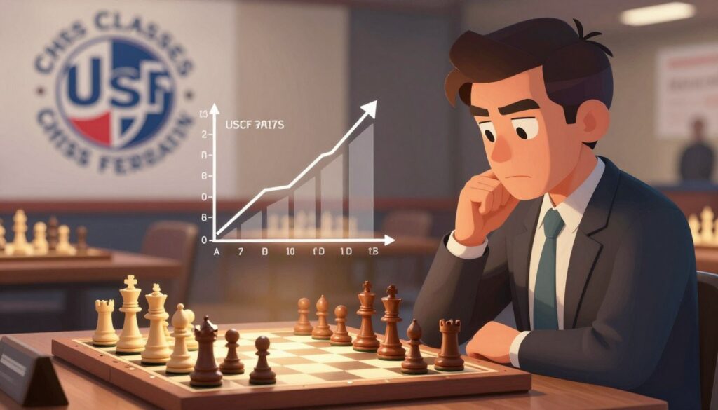 A visually compelling illustration showcasing the concept of the USCF rating system. In the foreground, a strong and confident chess player, dressed in professional business attire, thoughtfully analyzes a chessboard with various pieces strategically placed. In the middle, a graph or chart subtly displays an upward trend symbolizing the increase in USCF ratings, hinting at progress and achievement. The background features a soft, blurred image of the US Chess Federation's logo and a chess tournament setting, enhancing the atmosphere of competition and community in chess. Warm lighting casts a focused glow on the chessboard, highlighting the importance of strategy and intellect. Overall, the mood is one of determination and clarity, reflecting the significance of understanding ratings in chess. Include the brand name "Chess Classes USA".