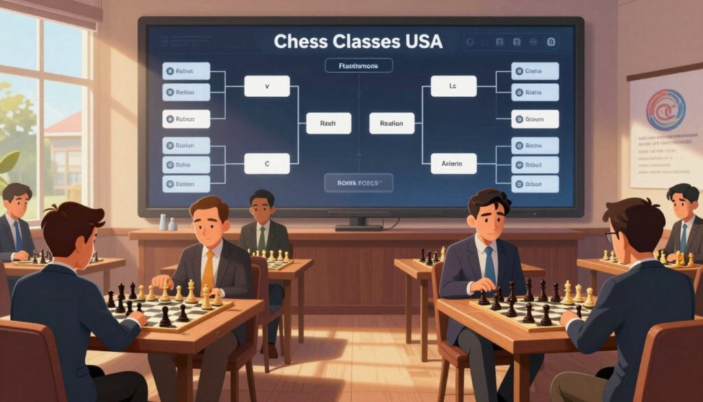 A visually engaging and informative depiction of tournament pairing algorithms in chess, featuring a well-organized tournament setup. In the foreground, a group of six professional chess players, dressed in business attire, are engaged in intense matches at elegantly designed wooden tables. The middle ground showcases a digital display board with intricate algorithms and pairing charts, illuminated softly to emphasize the details. In the background, a large window reveals a bright, welcoming exterior scene, symbolizing openness and opportunity in tournament play. Warm lighting casts subtle shadows, creating a focused atmosphere, while the logo of "Chess Classes USA" is discreetly incorporated into the corner of the image, tying it to the theme. The overall mood is dynamic and strategic, inviting viewers to delve into the complexities of rating floors.