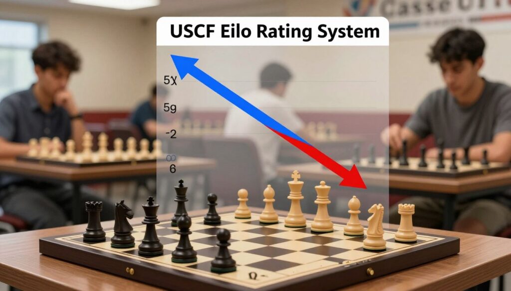 A visually engaging and informative illustration of a chess rating system focused on the USCF Elo Rating System. In the foreground, a detailed, modern chessboard with pieces positioned in a strategic manner. In the middle ground, graphical elements showcasing an ascending and descending arrow chart representing player ratings, emphasizing increases and decreases, colored in blue and red. In the background, a blurred scene of a chess club environment with players engaged in intense matches, reflecting concentration and strategy. Soft, focused lighting highlights the chessboard, casting gentle shadows, creating a professional atmosphere. The overall mood conveys a sense of analytical thought and competition. Include the brand name "Chess Classes USA" subtly integrated into the scene, ensuring no text overlays are present.