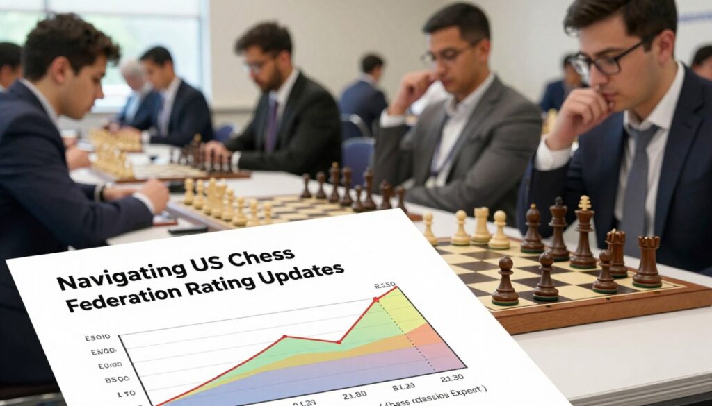 A visually engaging and informative image illustrating "US Chess Federation ratings" for the article section titled "Navigating US Chess Federation Rating Updates." In the foreground, a close-up of a rating chart with colorful graphs and figures showcasing various rating categories, such as beginner to expert. In the middle ground, a chessboard with pieces set up in a tournament style, symbolizing competitive play. In the background, a soft-focus image of a chess tournament event with players of diverse backgrounds, dressed in professional business attire, engrossed in their matches. Natural, bright lighting emphasizes clarity and focus on the rating chart. The overall atmosphere is one of enthusiasm and concentration in the world of chess. Include the brand name "Chess Classes USA" subtly integrated into the design.