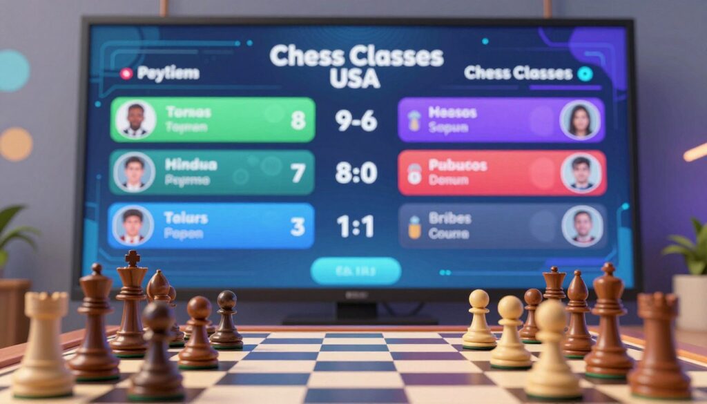 A visually engaging chess tournament standings board, showcasing a sleek digital display with a mix of vibrant colors. In the foreground, various chess pieces are arranged in an artistic manner, symbolizing different players' standings. The middle ground features a clear and organized leaderboard with player names, scores, and rankings, all animated with digital effects. The background includes abstract representations of chess strategies and patterns, subtly blending into a soft-focus. Lighting is bright and professional, emphasizing clarity and focus, with a modern tech-inspired angle that enhances the digital feel of the scene. The atmosphere is competitive yet encouraging, reflecting the spirit of a learning environment. Prominently include "Chess Classes USA" integrated into the design, ensuring an educational essence throughout the image.