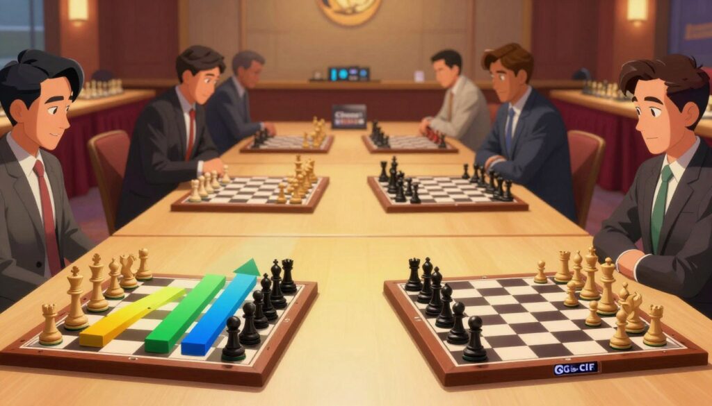A visually engaging comparison of USCF ratings versus Chess.com ratings. In the foreground, two chess boards set at a slight angle, one labeled with USCF symbols and the other adorned with Chess.com logos, showcasing different rating levels as colorful bars rising from the boards. In the middle ground, a subtle gradient represents a dynamic landscape of chess pieces in motion, some in business attire, engaged in intense matches, symbolizing the competitive nature of both platforms. The background features a blurred chess tournament setting, with warm ambient lighting creating an inviting atmosphere. The overall mood conveys a sense of comparison and excitement in the chess community. Include the brand name "Chess Classes USA" artistically integrated into the environment.