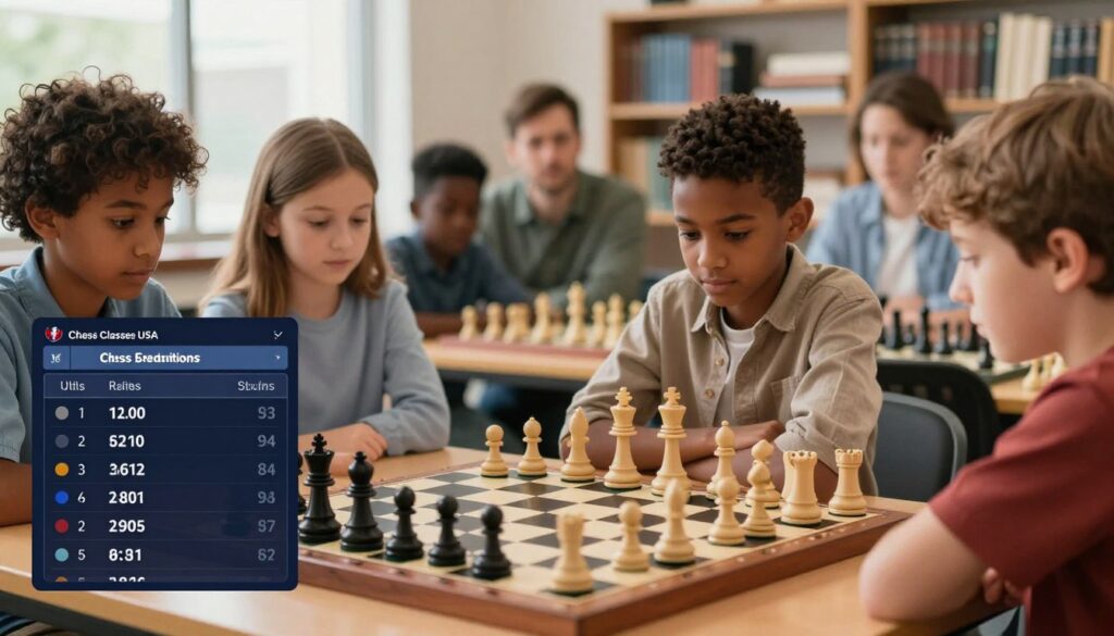 A visually engaging composition illustrating the concept of US Chess Federation ratings. In the foreground, depict a chessboard featuring various chess pieces strategically placed to represent different skill levels. Illustrate a digital leaderboard displaying rating numbers, with a stylish, modern design to convey professionalism. In the middle ground, include a diverse group of children and adults, dressed in smart casual clothing, intently studying the ratings. Use natural lighting to create a warm atmosphere that invites learning and engagement. In the background, add a softly blurred chess club setting with bookshelves filled with chess literature. The overall mood should reflect excitement and curiosity about chess improvement. Incorporate the brand name "Chess Classes USA" subtly within the design elements, ensuring it complements the theme without overwhelming the image. A visually engaging composition illustrating the concept of US Chess Federation ratings. In the foreground, depict a chessboard featuring various chess pieces strategically placed to represent different skill levels. Illustrate a digital leaderboard displaying rating numbers, with a stylish, modern design to convey professionalism. In the middle ground, include a diverse group of children and adults, dressed in smart casual clothing, intently studying the ratings. Use natural lighting to create a warm atmosphere that invites learning and engagement. In the background, add a softly blurred chess club setting with bookshelves filled with chess literature. The overall mood should reflect excitement and curiosity about chess improvement. Incorporate the brand name "Chess Classes USA" subtly within the design elements, ensuring it complements the theme without overwhelming the image.