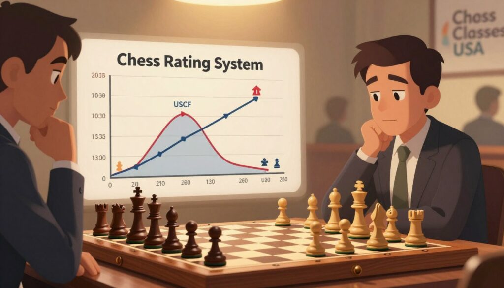 A visually engaging depiction of the "Chess Rating System" illustrating its mechanics. In the foreground, a polished wooden chessboard with pieces arranged in a competitive stance, reflecting strategic depth. In the middle ground, a graphical representation of the USCF rating curve, featuring interconnected lines and arrows showing the rating progression, blended with icons indicating ratings from beginners to masters. The background showcases subtle silhouettes of chess players in professional attire, absorbed in thought, enhancing the intellectual atmosphere. The lighting is warm and inviting, casting soft shadows, with a focus on the chessboard, captured from a slightly elevated angle for depth. The overall mood is contemplative and focused, encapsulating the essence of competitive chess. Include the logo of "Chess Classes USA" subtly in the corner, blending with the design.