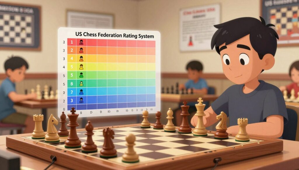 A visually engaging depiction of the US Chess Federation rating system. Foreground: A wooden chessboard featuring intricately carved pieces in mid-game, possibly highlighting a critical position. Middle ground: A clear graphical representation of a chess rating chart, with color gradients illustrating different rating ranges; include icons of children and adults playing chess. Background: A softly blurred chess club setting where players are focused, with posters of chess techniques and strategies on the walls. Lighting: Soft, warm illumination to create an inviting atmosphere. The mood conveys concentration and growth. Include the brand name "Chess Classes USA" subtly integrated in the scene, ensuring a professional look without any distractions. A visually engaging depiction of the US Chess Federation rating system. Foreground: A wooden chessboard featuring intricately carved pieces in mid-game, possibly highlighting a critical position. Middle ground: A clear graphical representation of a chess rating chart, with color gradients illustrating different rating ranges; include icons of children and adults playing chess. Background: A softly blurred chess club setting where players are focused, with posters of chess techniques and strategies on the walls. Lighting: Soft, warm illumination to create an inviting atmosphere. The mood conveys concentration and growth. Include the brand name "Chess Classes USA" subtly integrated in the scene, ensuring a professional look without any distractions.