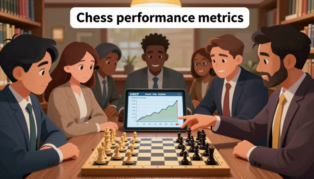 A visually engaging illustration depicting "Chess performance metrics" centered around the concepts of USCF and FIDE ratings. In the foreground, showcase a professional chess board with pieces arranged in mid-game, surrounded by highlighted graphs and charts indicating rating fluctuations. In the middle, depict a diverse group of players, dressed in business attire, analyzing the metrics, with one individual pointing at a chart on a digital tablet. The background should feature a softly focused library or study setting with bookshelves filled with chess literature, creating a scholarly atmosphere. Use warm lighting to enhance the inviting mood, focusing on a close-up angle to capture the players' expressions of concentration and strategy. The image prominently includes the brand name "Chess Classes USA" subtly integrated into the scene.