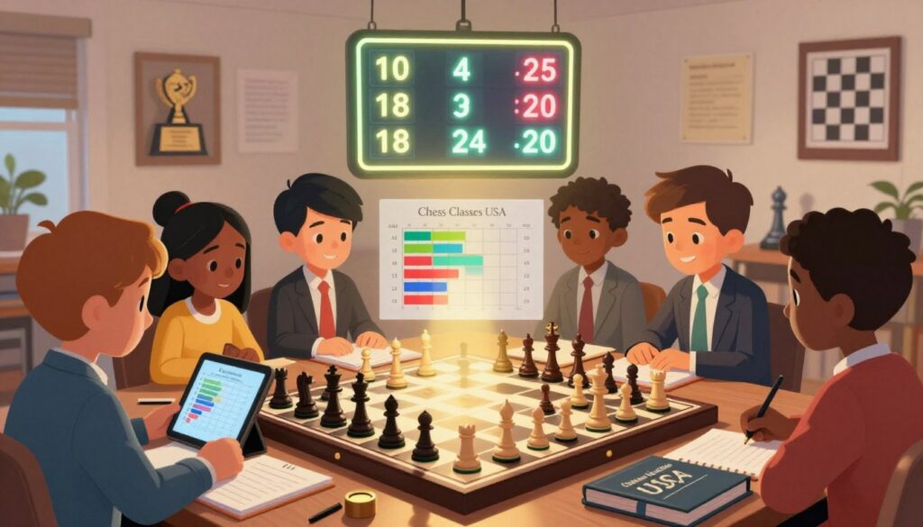 A visually engaging illustration depicting official chess ratings, showcasing a detailed chessboard with pieces in mid-game, and a glowing digital display of numerical ratings floating above. In the foreground, a diverse group of children, ages 8-12, wearing professional business attire, intently study the ratings on a tablet, surrounded by notebooks and chess strategy books, emphasizing their dedication to improving. In the middle, a partially transparent overlay of a chess rating chart is incorporated, featuring colorful bars and numbers, subtly blending with the scene. The background features a cozy, well-lit room adorned with chess awards and motivational posters, creating an atmosphere of growth and excitement, while soft lighting casts a warm glow on the chessboard. Include the text "Chess Classes USA" elegantly integrated into the design, enhancing the overall educational theme. A visually engaging illustration depicting official chess ratings, showcasing a detailed chessboard with pieces in mid-game, and a glowing digital display of numerical ratings floating above. In the foreground, a diverse group of children, ages 8-12, wearing professional business attire, intently study the ratings on a tablet, surrounded by notebooks and chess strategy books, emphasizing their dedication to improving. In the middle, a partially transparent overlay of a chess rating chart is incorporated, featuring colorful bars and numbers, subtly blending with the scene. The background features a cozy, well-lit room adorned with chess awards and motivational posters, creating an atmosphere of growth and excitement, while soft lighting casts a warm glow on the chessboard. Include the text "Chess Classes USA" elegantly integrated into the design, enhancing the overall educational theme.