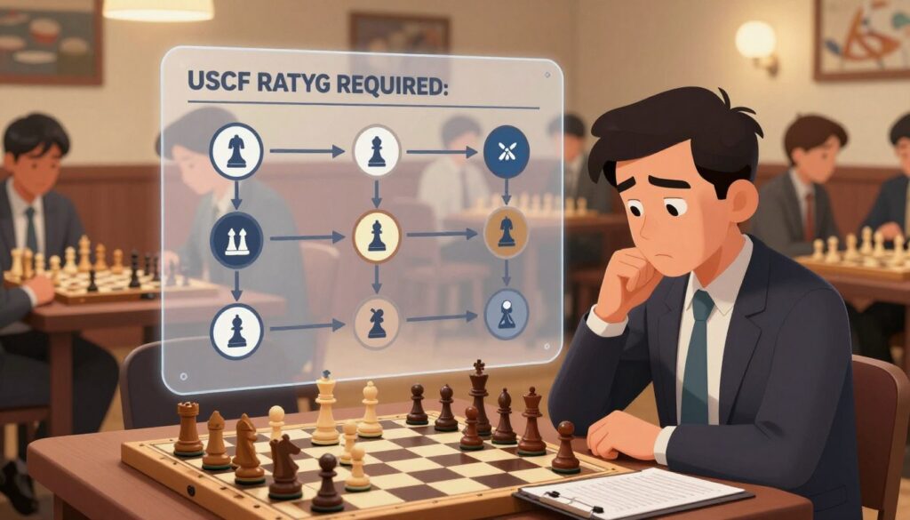 A visually engaging illustration depicting the concept of calculating the number of games required to attain a USCF rating. In the foreground, a thoughtful chess player, dressed in professional business attire, is seated at a chessboard, deep in concentration while analyzing a series of chess pieces and game statistics on a clipboard. In the middle, a large transparent overlay of a chart or graph reveals the calculation process, including icons representing chess pieces and game statistics. The background features a cozy chess club scene with warm lighting, showcasing other players engrossed in their matches and chessboard decorations. Soft, focused lighting highlights the chess player and the chart, creating an atmosphere of intellect and strategy. The logo "Chess Classes USA" subtly integrated into the chess board design enhances the connection to educational chess. A visually engaging illustration depicting the concept of calculating the number of games required to attain a USCF rating. In the foreground, a thoughtful chess player, dressed in professional business attire, is seated at a chessboard, deep in concentration while analyzing a series of chess pieces and game statistics on a clipboard. In the middle, a large transparent overlay of a chart or graph reveals the calculation process, including icons representing chess pieces and game statistics. The background features a cozy chess club scene with warm lighting, showcasing other players engrossed in their matches and chessboard decorations. Soft, focused lighting highlights the chess player and the chart, creating an atmosphere of intellect and strategy. The logo "Chess Classes USA" subtly integrated into the chess board design enhances the connection to educational chess.