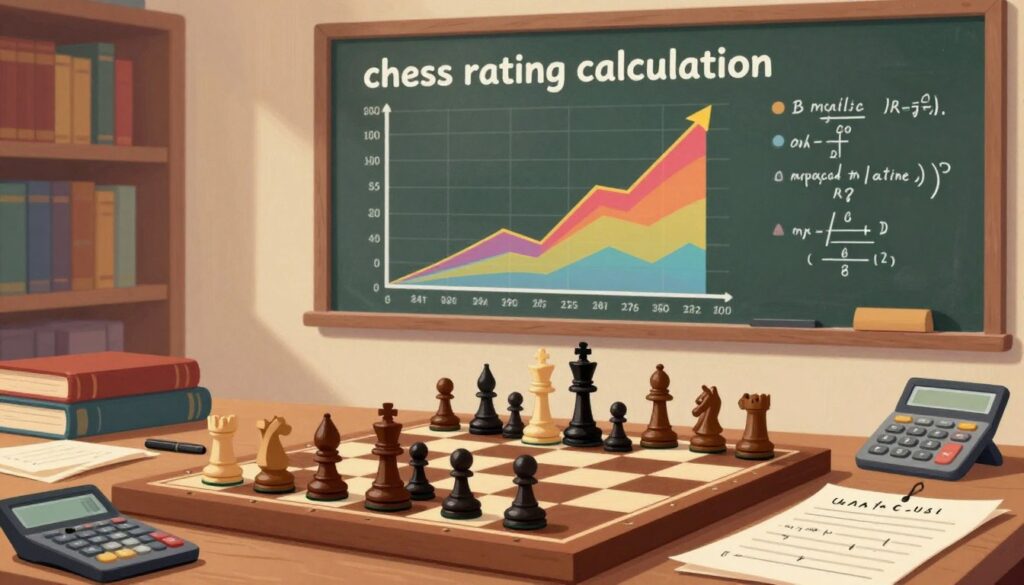 A visually engaging illustration depicting the concept of "chess rating calculation". In the foreground, a chessboard with pieces set up, highlighting a strategic position, surrounded by a calculator and notes with chess notations. In the middle, a graph showing the progression of chess ratings, illustrating upward trends with vibrant colors. The background features a library-like setting with books on chess strategy and a chalkboard displaying complex formulas related to the USCF rating calculation. The atmosphere is educational and inspiring, with soft, warm lighting to create a welcoming ambiance. The overall scene should exude professionalism and curiosity, emphasizing the educational aspect. Include the brand name "Chess Classes USA" subtly integrated into the scene.