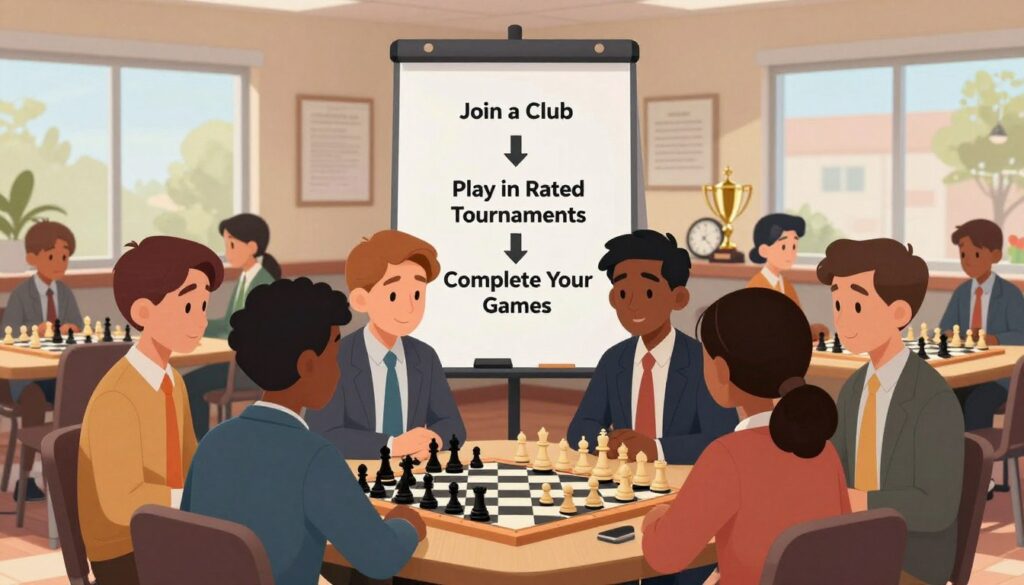 A visually engaging illustration depicting the essential steps to obtaining a USCF rating, focused on an organized layout. In the foreground, a diverse group of beginners, dressed in professional business attire, are gathered around a chessboard, engaged in focused discussion. In the middle ground, a large flip chart displays concise steps such as "Join a Club," "Play in Rated Tournaments," and "Complete Your Games," written clearly. The background features a well-lit chess club environment with trophies and chess clocks, emphasizing a supportive learning atmosphere. Natural light filters through large windows, creating a warm and inviting tone. The logo “Chess Classes USA” is subtly incorporated into the scene, enhancing the sense of community and learning.