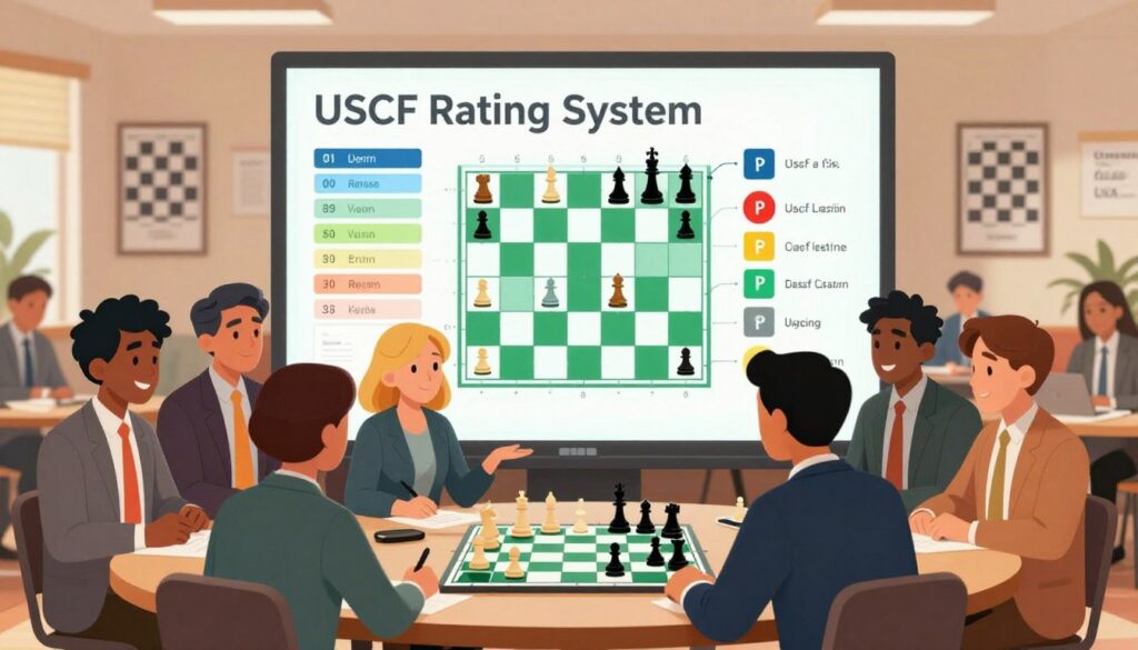 A visually engaging illustration featuring the USCF rating system, designed for beginners. In the foreground, a friendly, diverse group of individuals in professional business attire, animatedly discussing a chess board with rating charts and numbers illustrated. The middle layer showcases a large, clear chess board with pieces in strategic positions, surrounded by colorful graphics representing different USCF ratings, each explained with icons or symbols denoting their meaning. In the background, a well-lit classroom or club setting with chess posters and a warm, inviting atmosphere. Soft, diffused lighting enhances the mood of collaboration and learning. The name "Chess Classes USA" subtly integrated into the environment as part of the decor, without overwhelming the focus on the rating system.