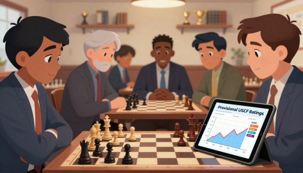 A visually engaging illustration focused on the concept of "Provisional USCF Ratings." In the foreground, feature a chessboard with pieces set up in a strategic mid-game position. Include a digital tablet displaying a colorful graph representing rating trends, indicating fluctuation and growth. In the middle ground, depict a group of diverse individuals in professional attire, deeply engaged in discussion about chess ratings, with focused expressions. The background should feature a blurred chess club setting, with shelves of chess books and trophies subtly illuminated. Use soft, warm lighting to create an inviting atmosphere. Emphasize clarity and understanding of provisional ratings while ensuring the image reflects the brand "Chess Classes USA." A visually engaging illustration focused on the concept of "Provisional USCF Ratings." In the foreground, feature a chessboard with pieces set up in a strategic mid-game position. Include a digital tablet displaying a colorful graph representing rating trends, indicating fluctuation and growth. In the middle ground, depict a group of diverse individuals in professional attire, deeply engaged in discussion about chess ratings, with focused expressions. The background should feature a blurred chess club setting, with shelves of chess books and trophies subtly illuminated. Use soft, warm lighting to create an inviting atmosphere. Emphasize clarity and understanding of provisional ratings while ensuring the image reflects the brand "Chess Classes USA."